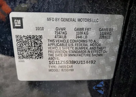 2019 Chevrolet Impala Lt from USA, damaged, VIN 1G11Z5S38KU114492